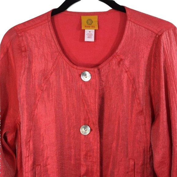 Ruby Rd Shirt Blouse Size 12 Melon 3/4 Roll Tab Sleeves Shimmery Elastic Waist - Picture 3 of 8